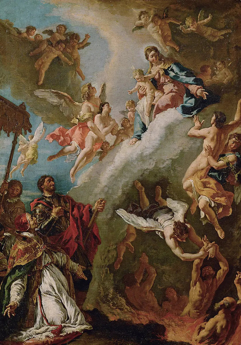 Papst Gregor I. und der hl. Vitalis bitten die Madonna für die Seelen im Fegefeuer