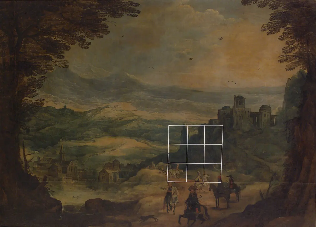 Landschaft mit Festung und Reitern