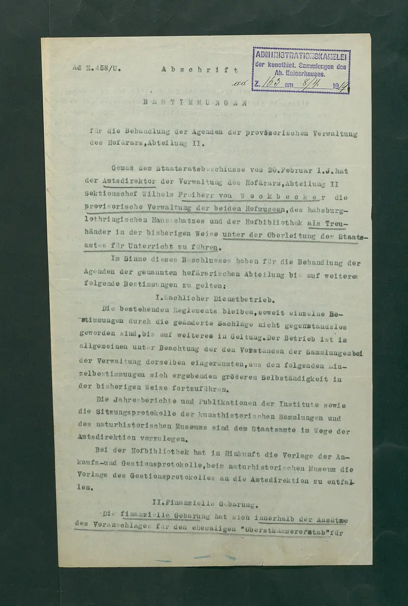 Bestimmungen zu den Agenden der provisorischen Verwaltung durch den Hofärar