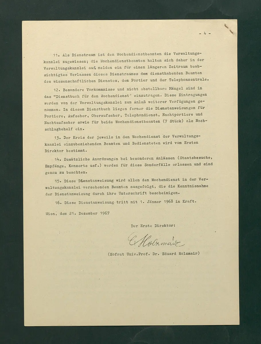 Dienstanweisungen für Postenaufseher, Portiere, die Telephonzentrale, Oberaufseher, Nachtportiere und Nachtaufseher, für den Wochendienst der Beamten und der Verwaltungskanzlei