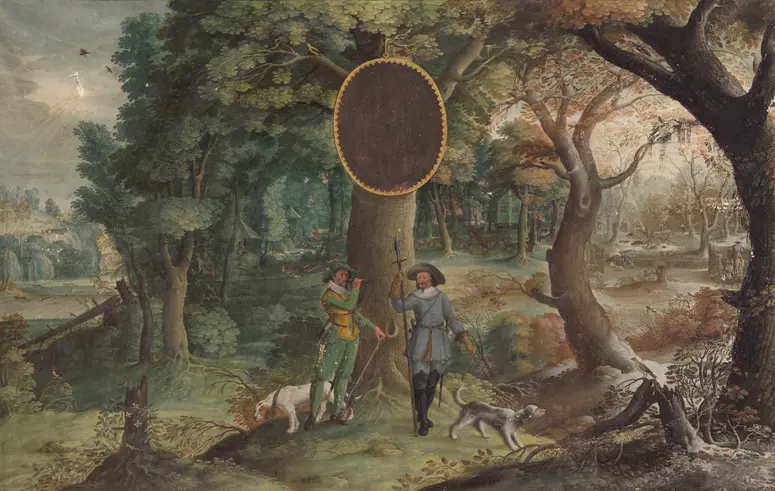 Jahreszeiten mit Jagddarstellungen: Herbst (Jäger mit Hasen- und Hirschjagd) und Winter (Jäger mit Saujagd)