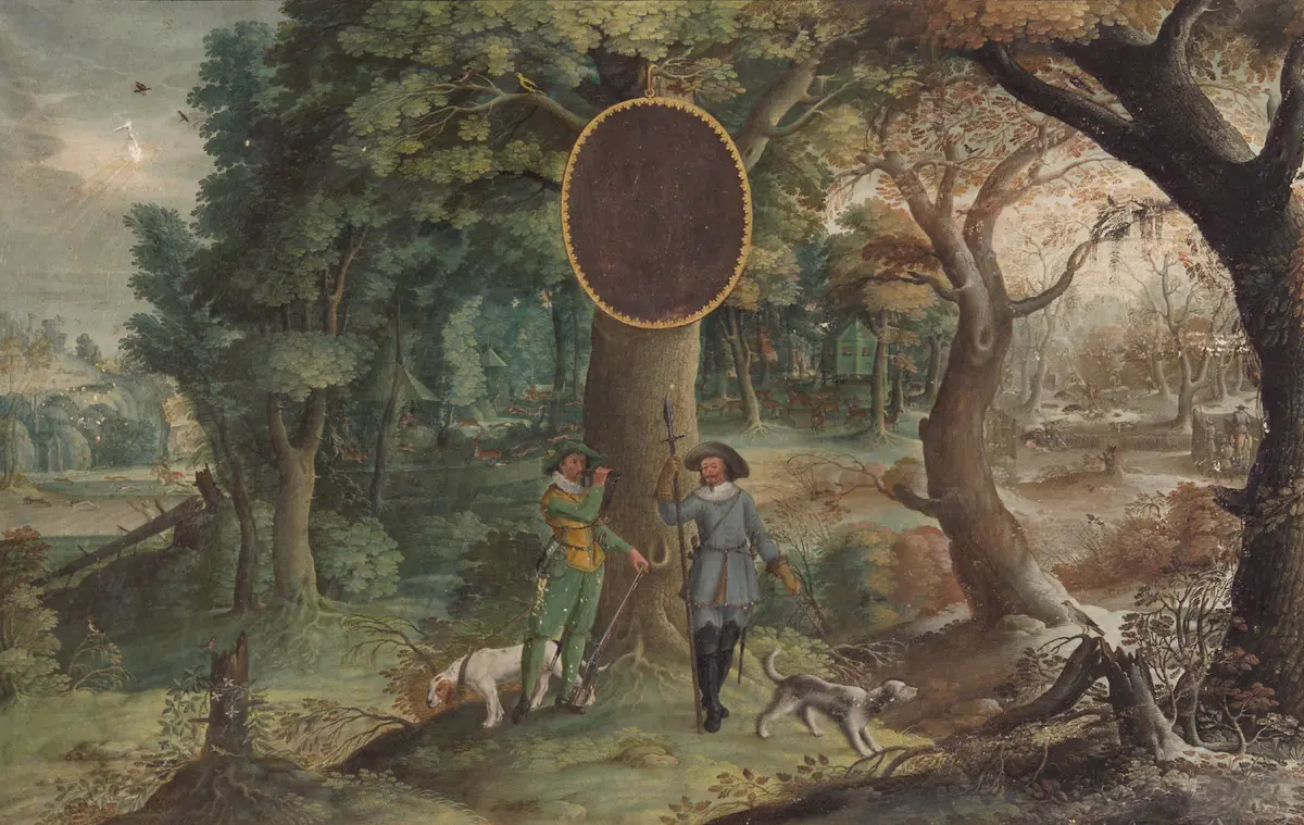 Jahreszeiten mit Jagddarstellungen: Herbst (Jäger mit Hasen- und Hirschjagd) und Winter (Jäger mit Saujagd)