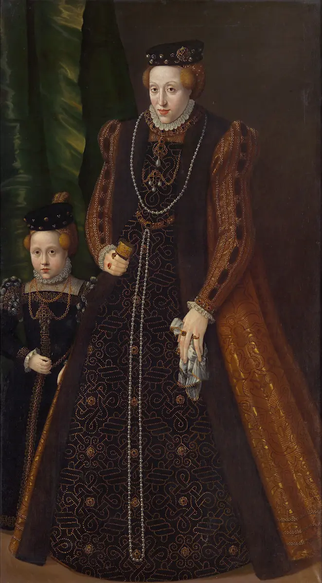 Erzherzogin Maria (1531-1581), Herzogin von Jülich, Cleve und Berg, Bildnis in ganzer Figur mit ihrer erstgeborenen Tochter Maria Eleonore