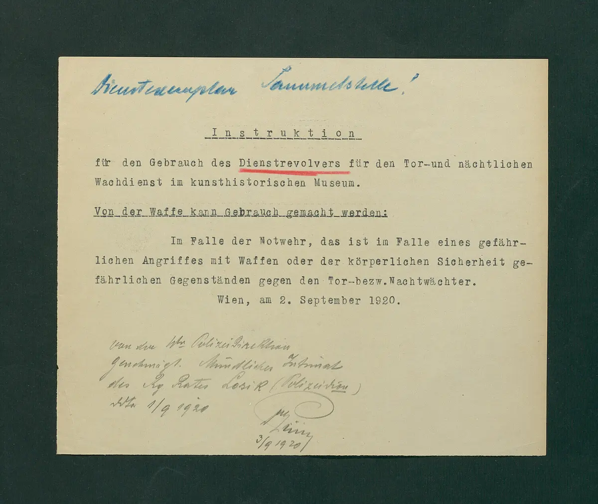 Instruktion für den Gebrauch des Dienstrevolvers für den Tor- und nächtlichen Wachdienst im Kunsthistorischen Museum