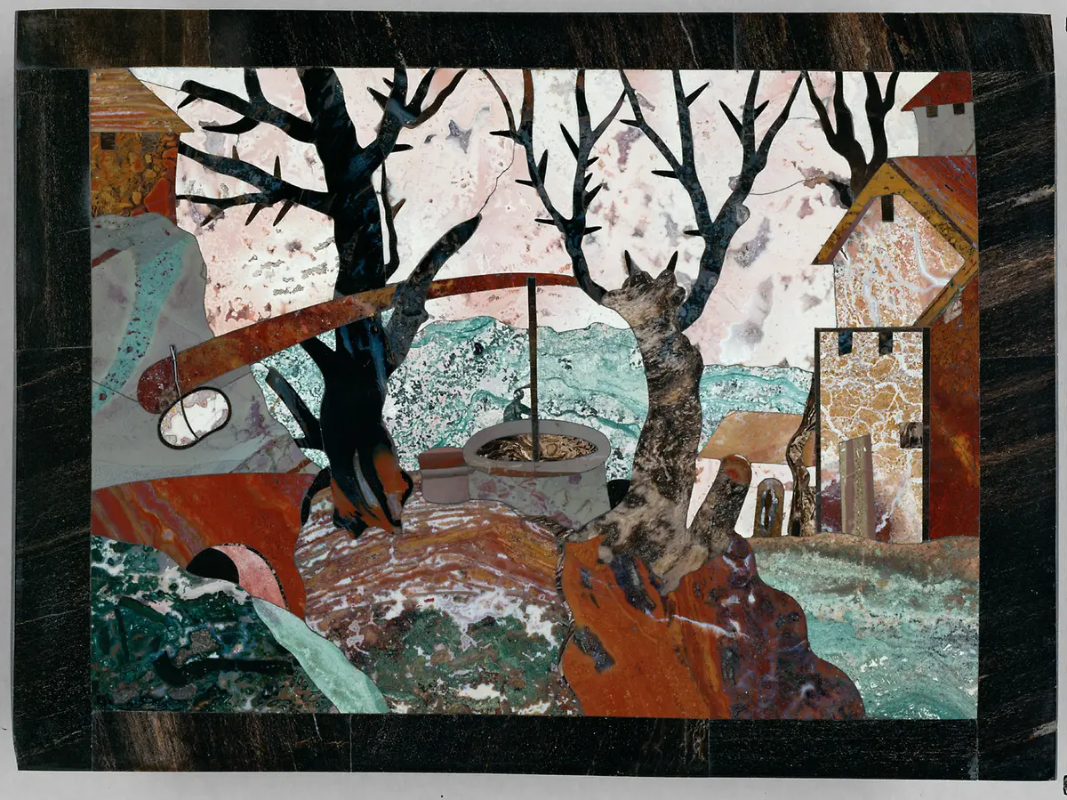 Landschaft mit Brunnen und dürren Bäumen