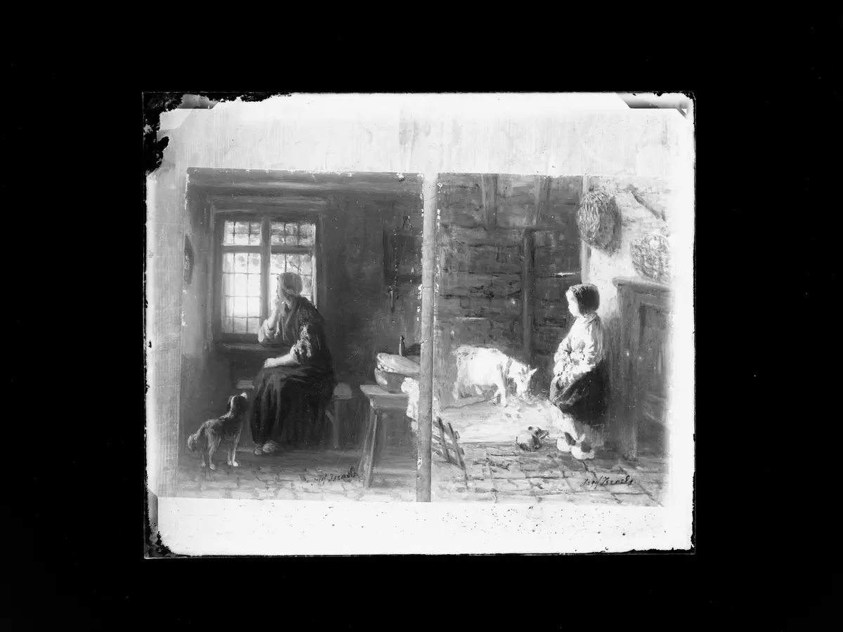 Frau am Fenster / Kind mit Ziege