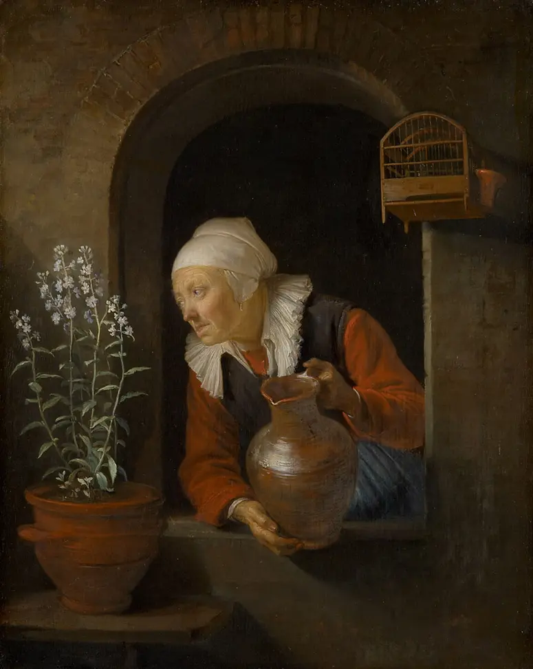 Alte Frau am Fenster, Blumen giessend