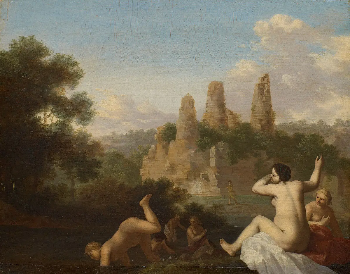 Landschaft bei Albano mit badenden Mädchen (Im Hintergrund das Grabmal der Horatier und Curatier)