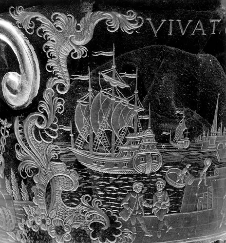 Deckelpokal mit Hafenansicht und Kauffahrteiszenen