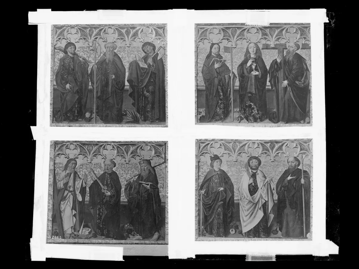 Eggenberger Altar Sonntagsseite: Die Apostel Judas Thaddäus, Matthäus, Matthias, Jakobus d. J., Johannes, Philippus, Andreas, Petrus, Jacobus d. Ä., Simon, Bartholomäus, Thomas.