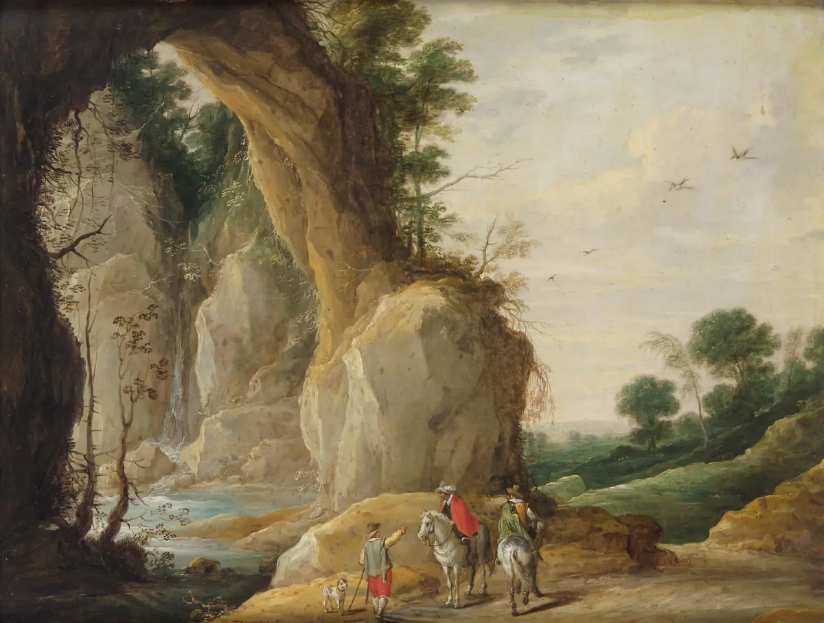 Landschaft mit Felsboden und zwei Reitern