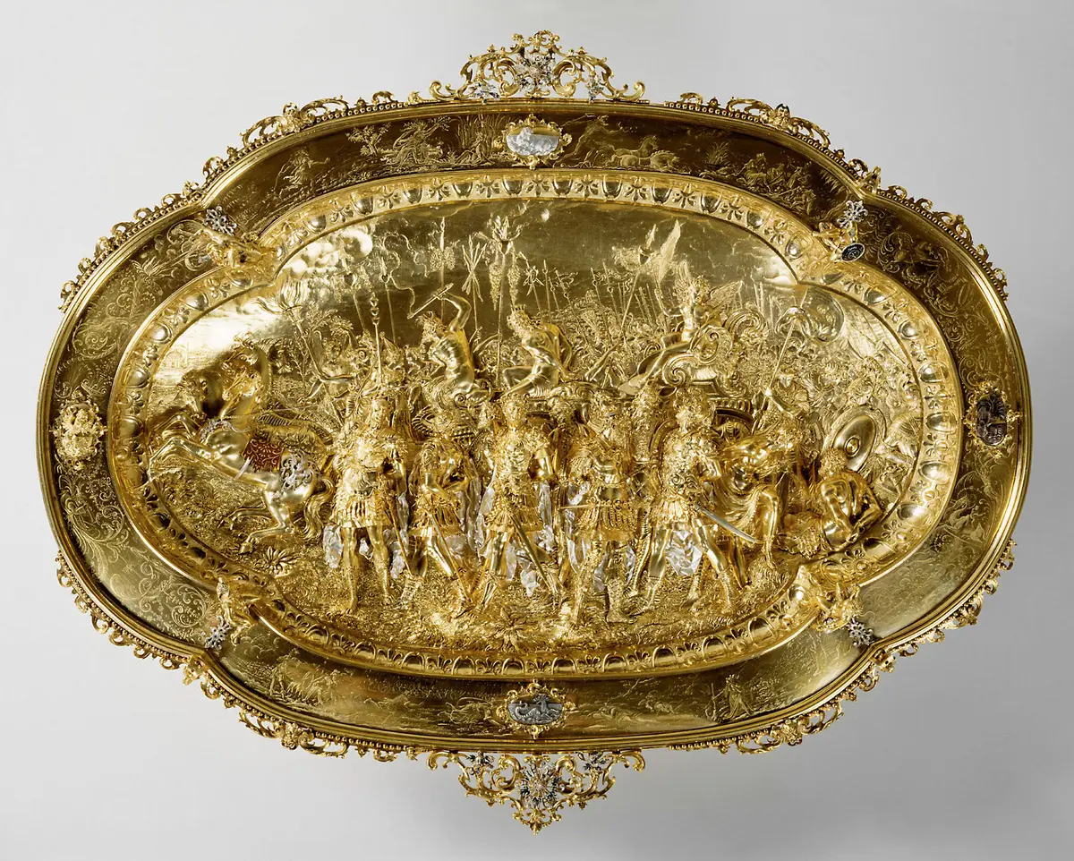 Prunkbecken mit Darstellung des Triumpfzuges von Amor; Becken der sogenannten Trionfi-Garnitur