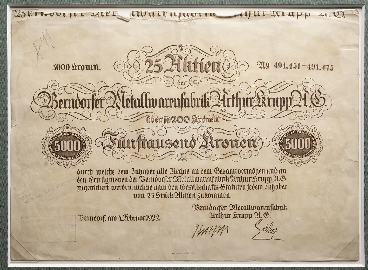 Österreich: 25 Aktien der Berndorfer Metallwarenfabrik Arthur Krupp A.G.