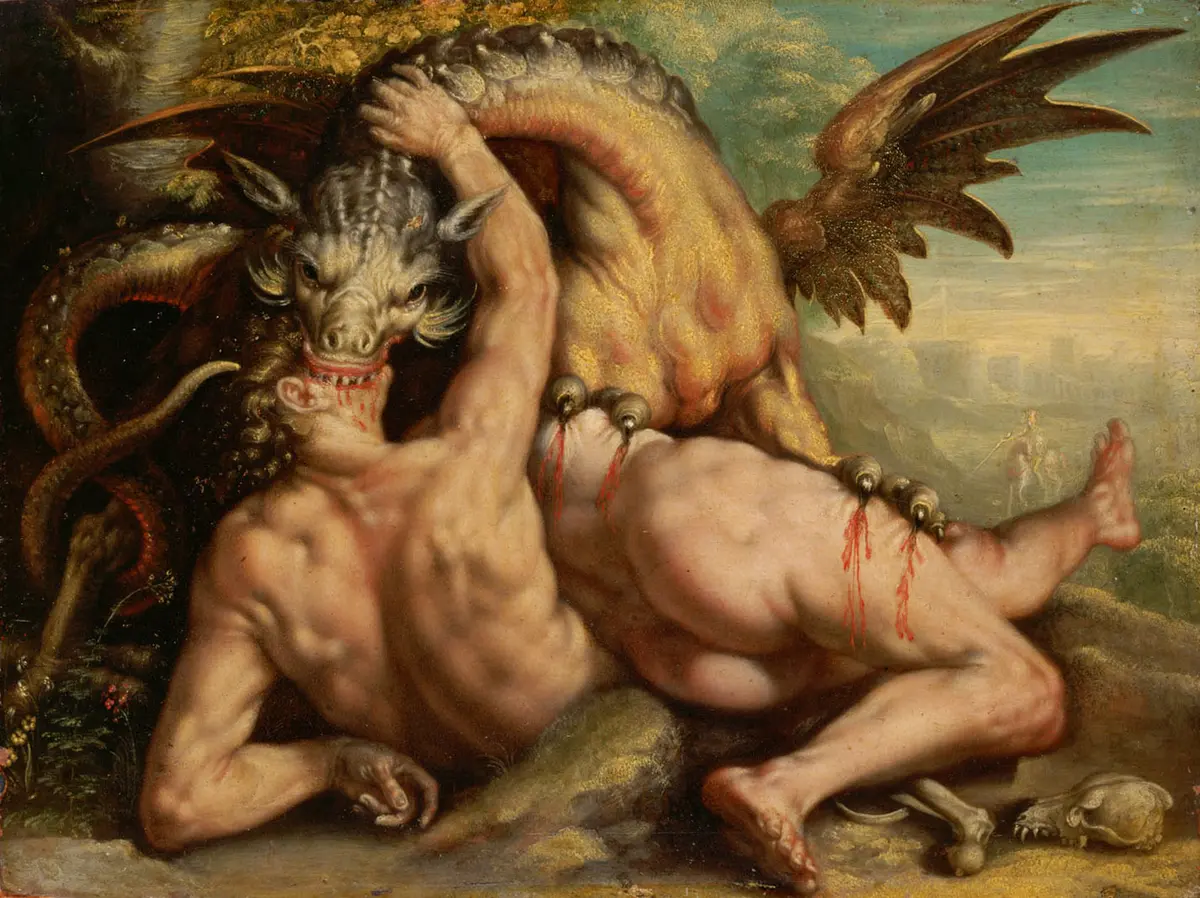 Der Drache tötet die Gefährten des Kadmos