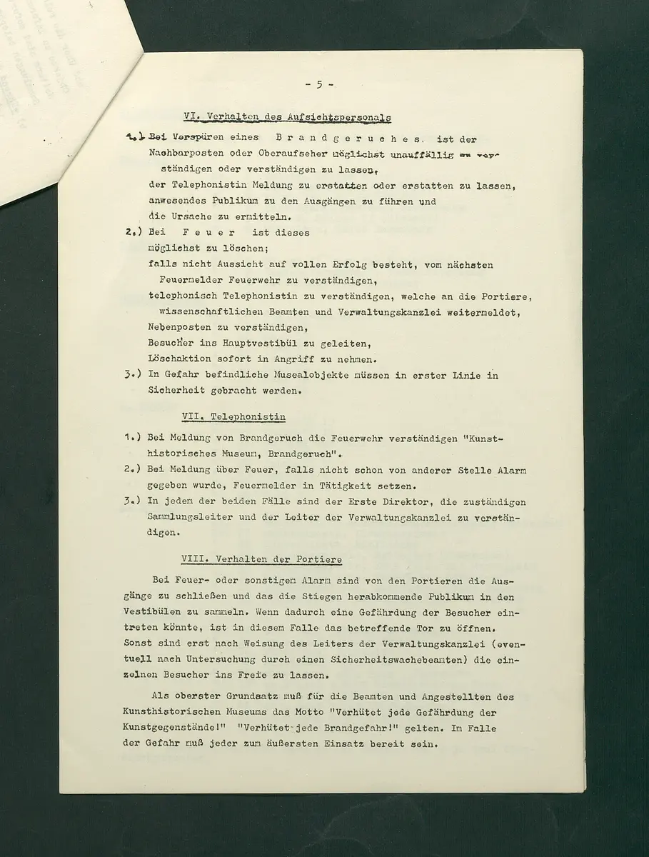 Feuerlöschordnung für das Kunsthistorische Museum, Teil I: Hauptgebäude