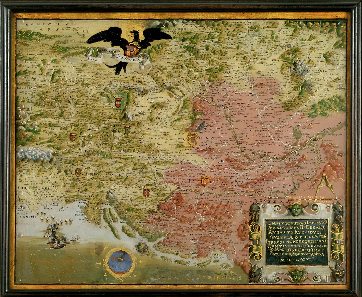 Landkarte der habsburgischen Erblande mit Kompaß (Karte des österreichisch-türkischen Kriegsschauplatzes)