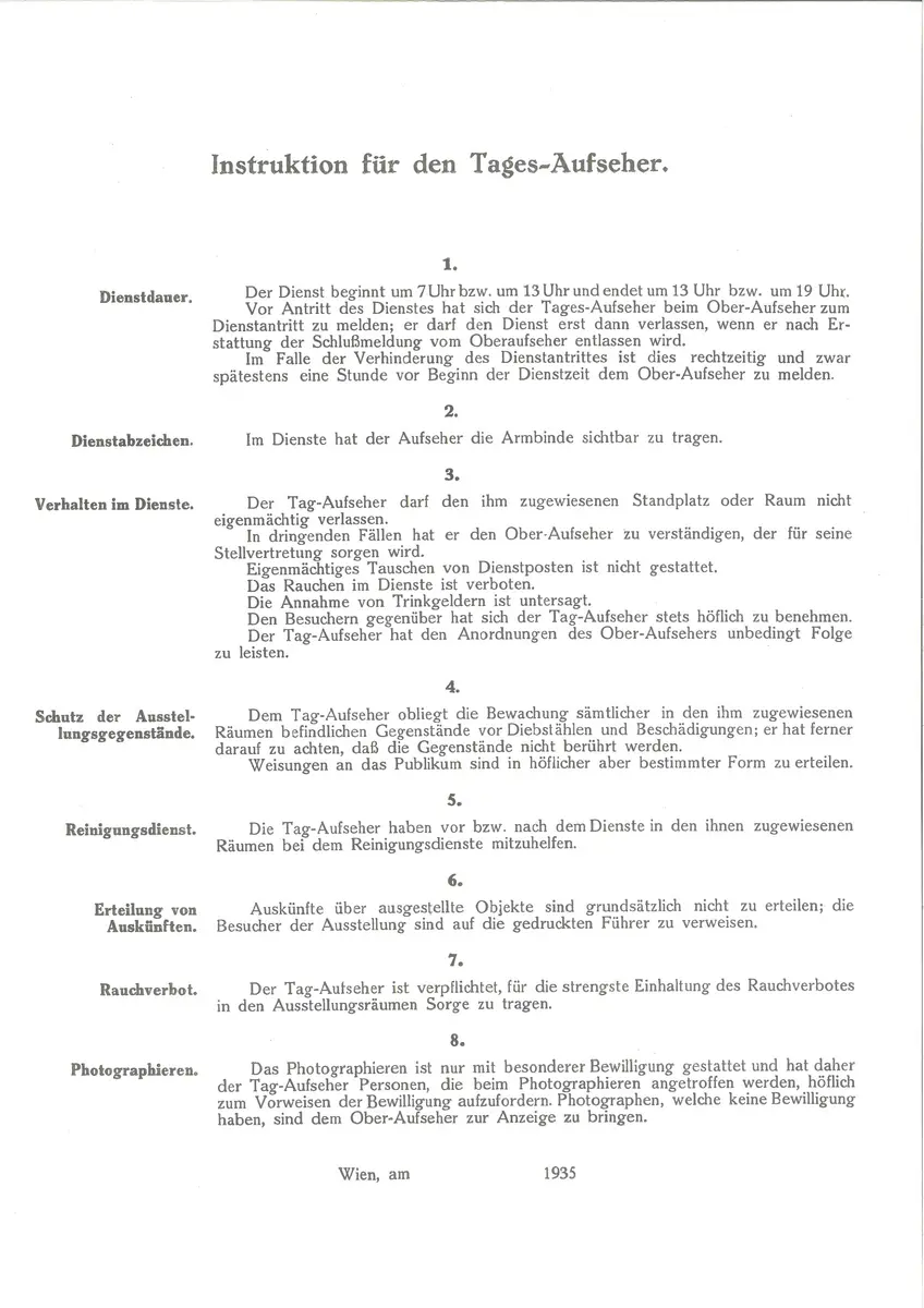 Instruktion für den Tagesaufseher