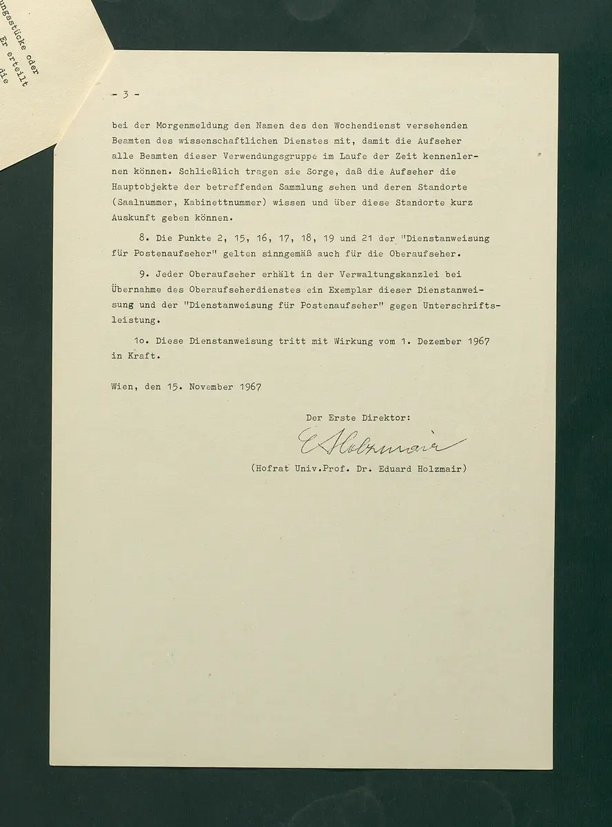 Dienstanweisungen für Postenaufseher, Portiere, die Telephonzentrale, Oberaufseher, Nachtportiere und Nachtaufseher, für den Wochendienst der Beamten und der Verwaltungskanzlei