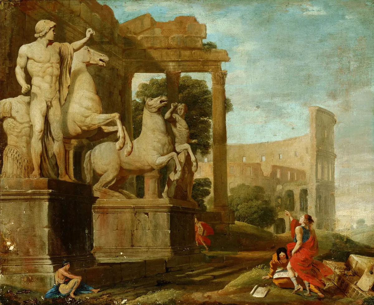 Ruinenlandschaft mit Dioskuren und Kolosseum