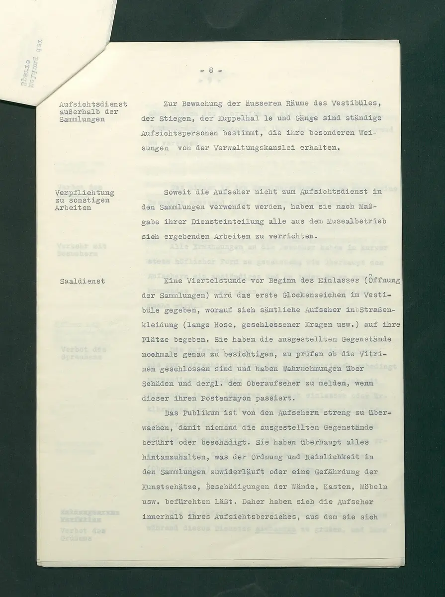Dienstbestimmungen für das Aufsichtspersonal in den Sammlungen
