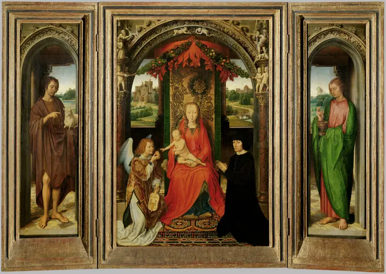 Mitteltafel des Johannesaltärchens: Thronende Maria mit dem Kind, Engel und unbekannter Stifter