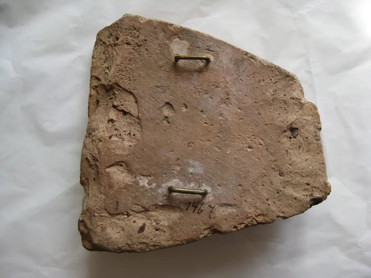 Fragment vom rechten Rand einer Verkleidungsplatte mit Dreifußstreit: Kopf des Herakles