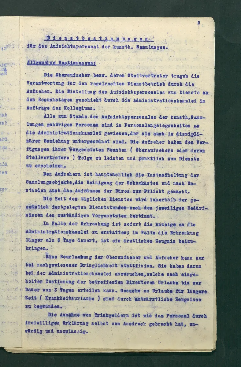 Dienstbestimmungen für das Aufsichtspersonal in den Sammlungen