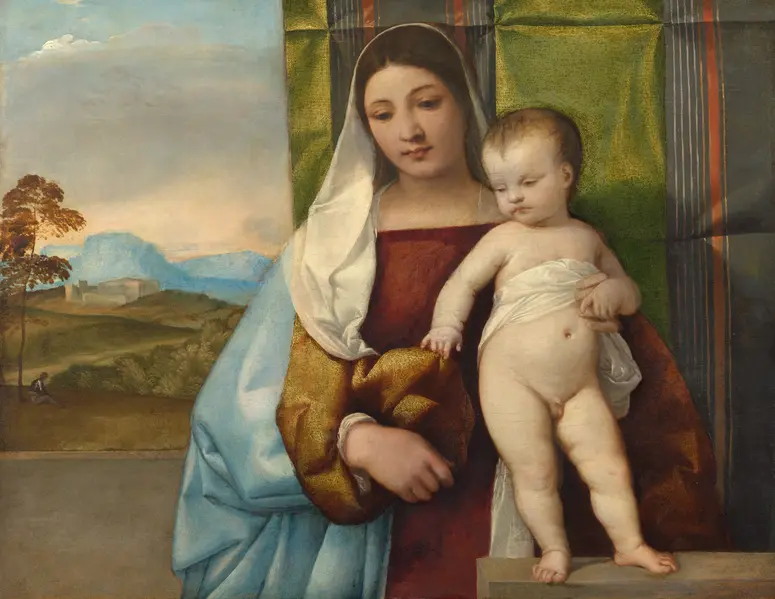 Madonna mit Kind vor buntem Ehrentuch