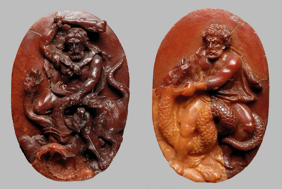 Herkules bezwingt den Cerberus; Fragment des Bernsteinthrons Kaiser Leopolds I.