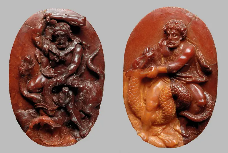 Herkules bezwingt den Cerberus; Fragment des Bernsteinthrons Kaiser Leopolds I.