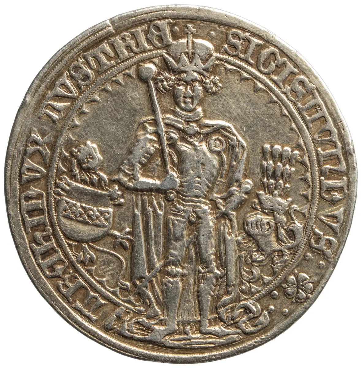 Ehg. Sigismund, Guldiner, vergoldet, frontal im Harnisch stehend, Turnierreiter