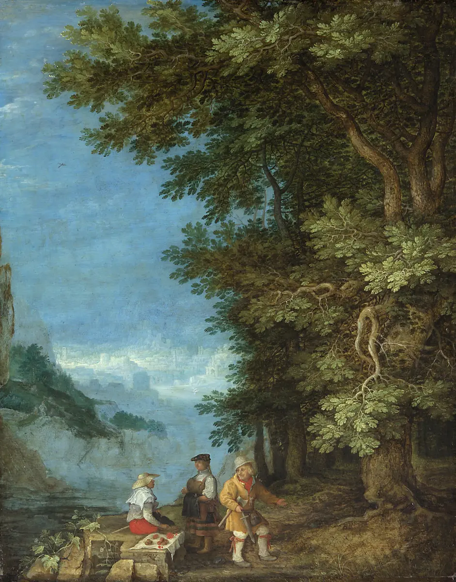 Gebirgslandschaft mit Obstverkäufern