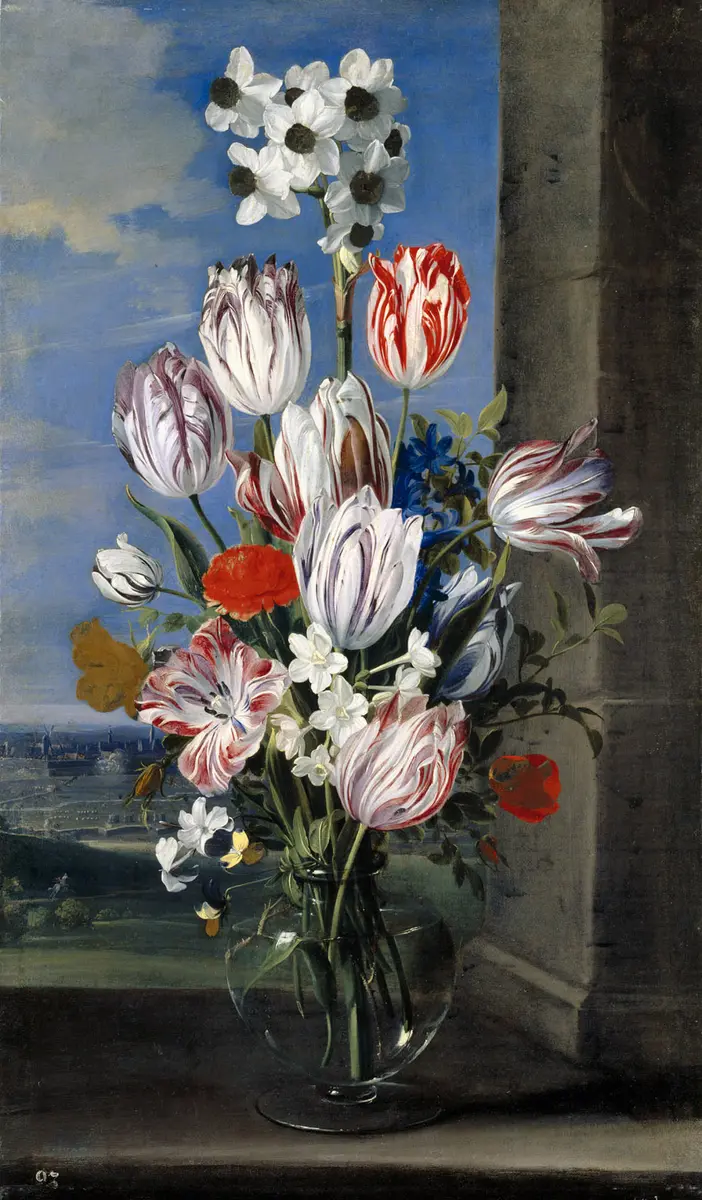 Blumen in einer Vase mit der Belagerung von Gravelingen