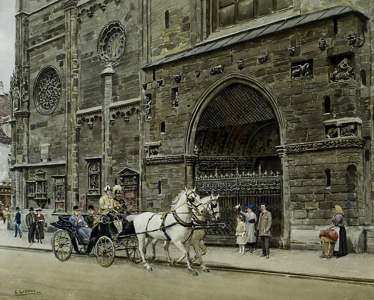 Kaiser Franz Joseph und Generaladjutant Graf Eduard Paar in einem Mylord mit Schimmelpaarweiszug vor der Stephanskirche