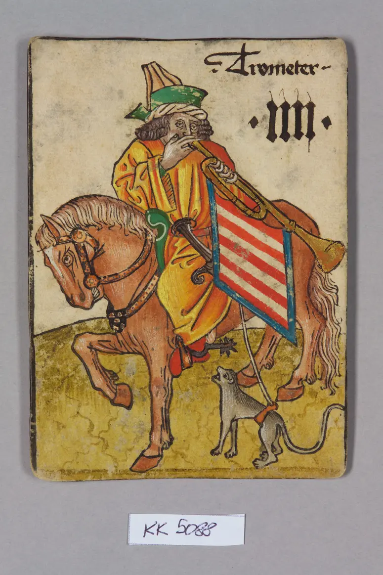 Spielkarte, Ungarn, Trompeter (Vier), aus dem sog. Hofämterspiel