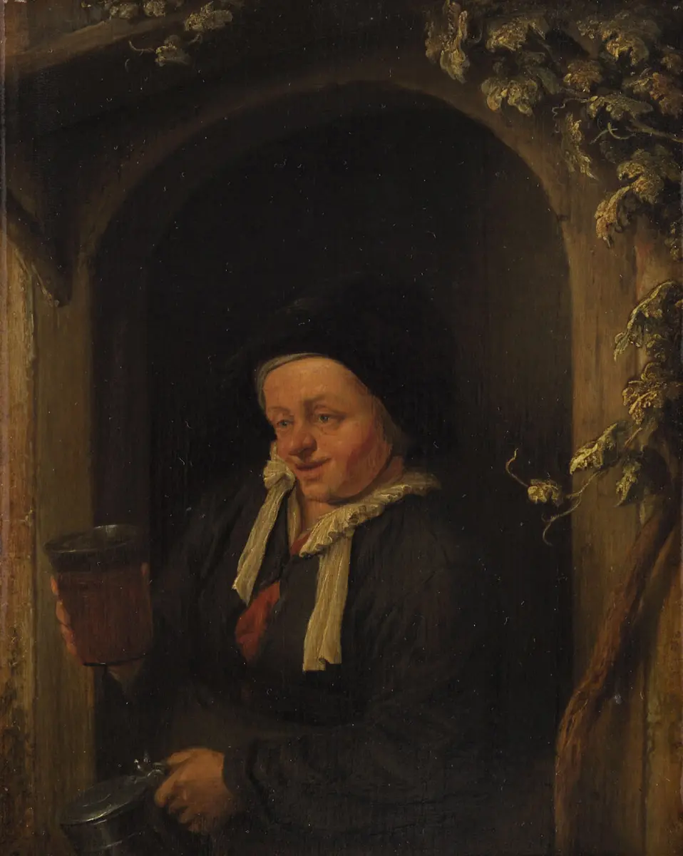Frau am Fenster, mit Krug und Bierglas
