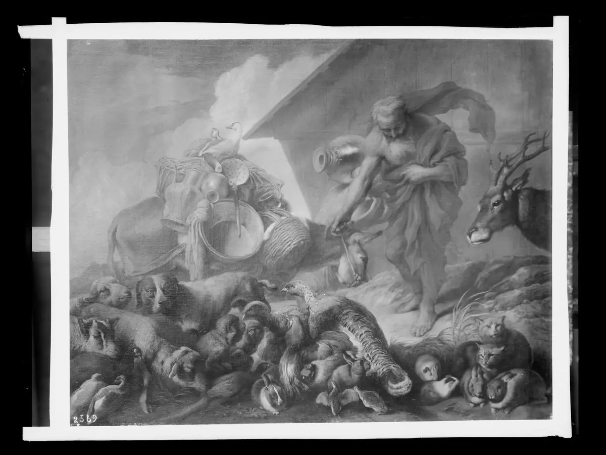 Noah mit den Tieren vor der Arche