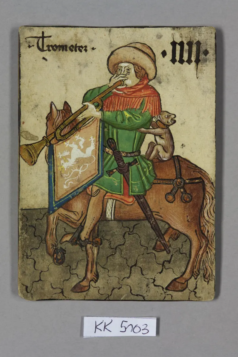 Spielkarte, Böhmen, Trompeter (Vier), aus dem sog. Hofämterspiel