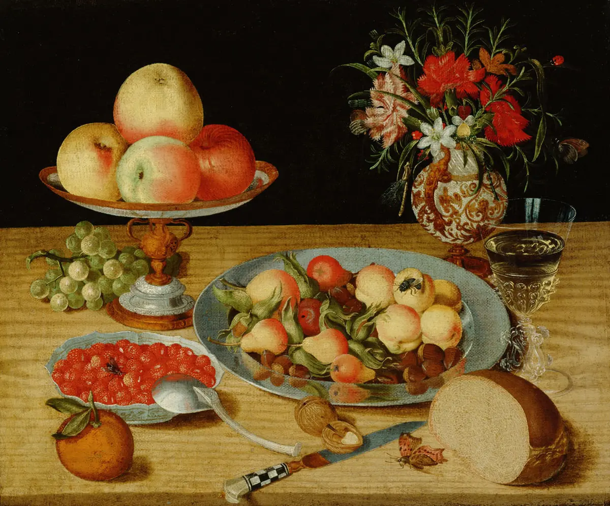 Stillleben mit Früchten, Weinglas und Blumenvase