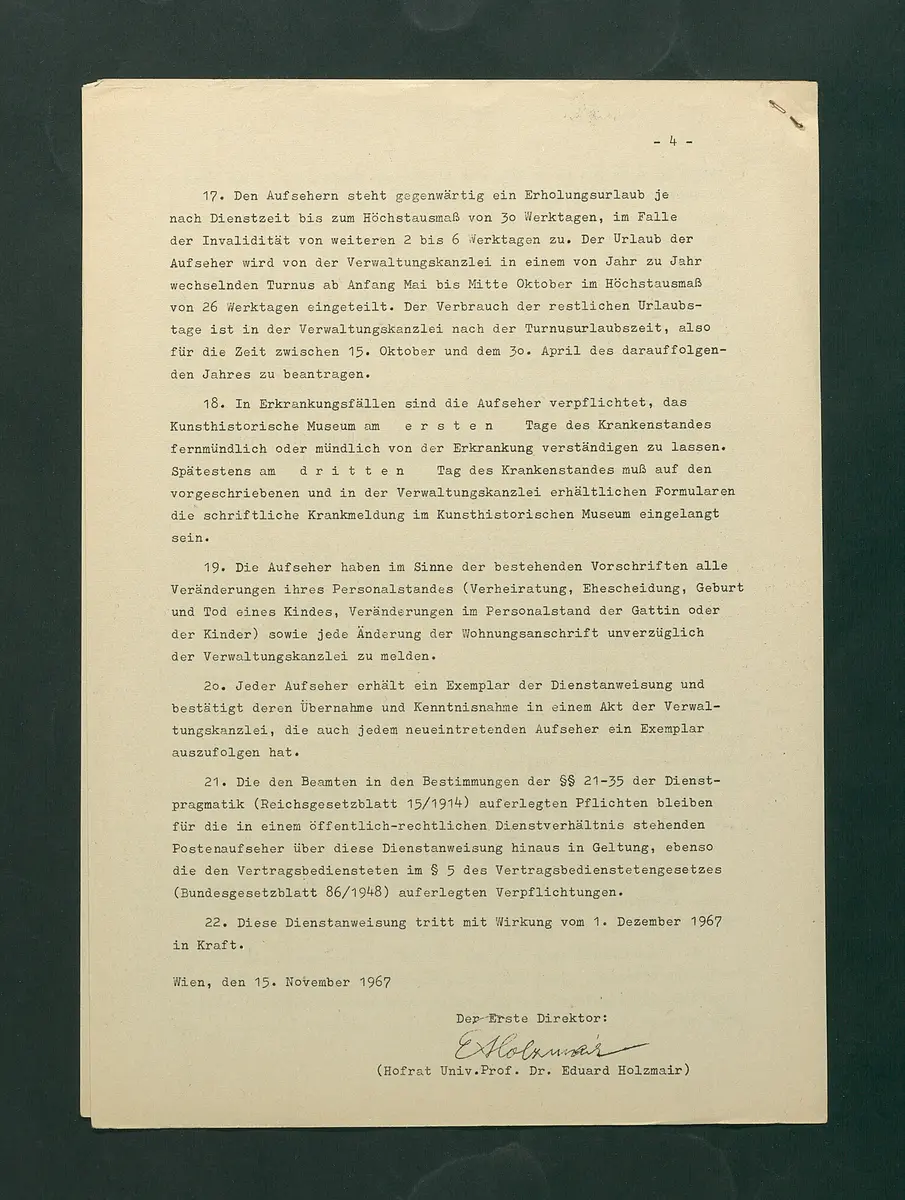 Dienstanweisungen für Postenaufseher, Portiere, die Telephonzentrale, Oberaufseher, Nachtportiere und Nachtaufseher, für den Wochendienst der Beamten und der Verwaltungskanzlei