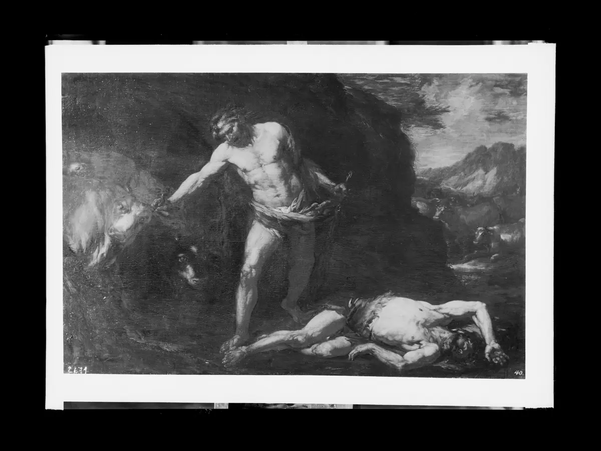 Hercules tötet den Riesen Cacus und raubt die Rinder des Geryoneus