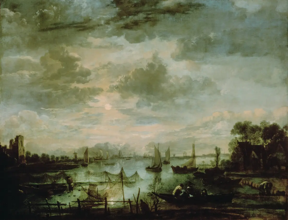 Flusslandschaft mit Schiffen bei Mondschein