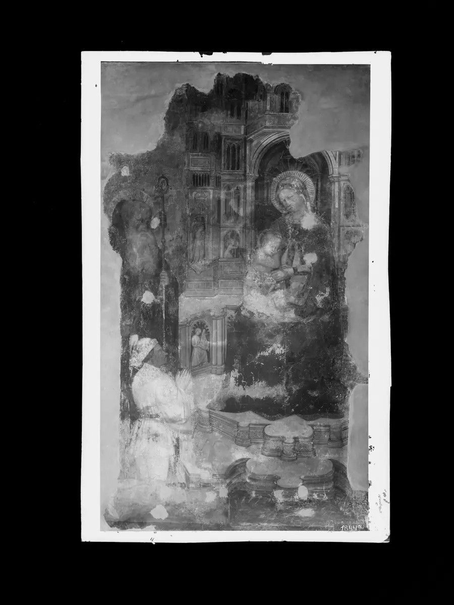 Thronende Maria mit Kind, hl. Abt und Stifterfigur