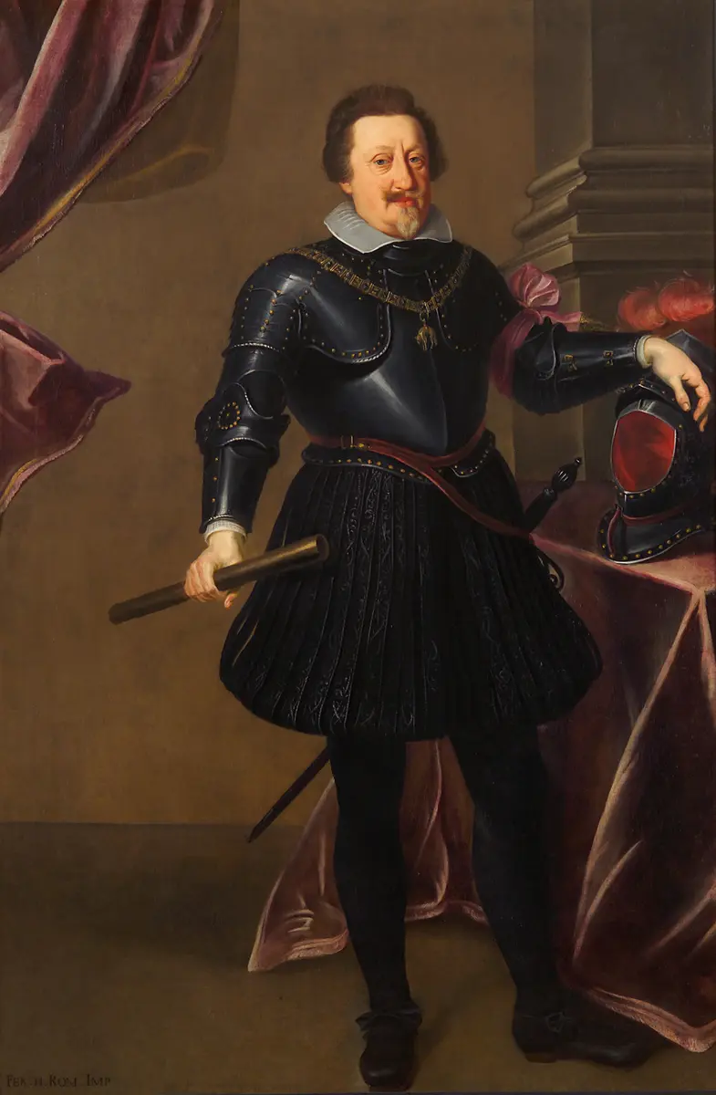 Kaiser Ferdinand II. (1578-1637) in schwarzem Harnisch, in ganzer Figur