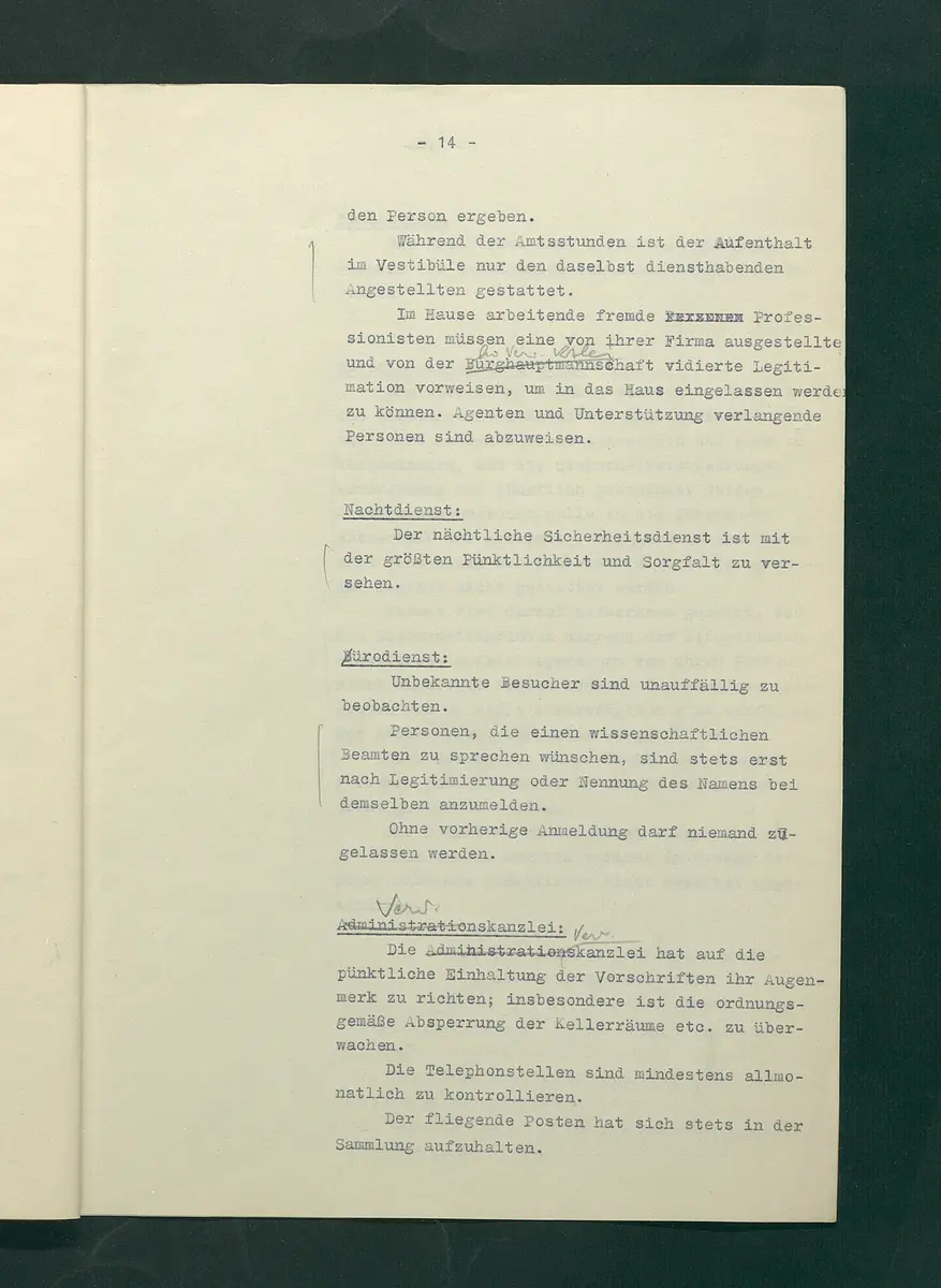 Dienstbestimmungen für das Aufsichtspersonal in den Sammlungen mit Anmerkungen und Korrekturen