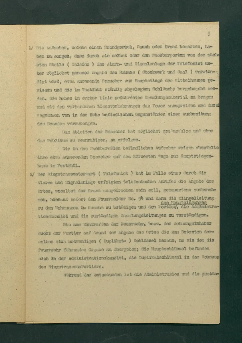 Entwurf einer Feuerlöschordnung für das Kunsthistorische Museum, 1926