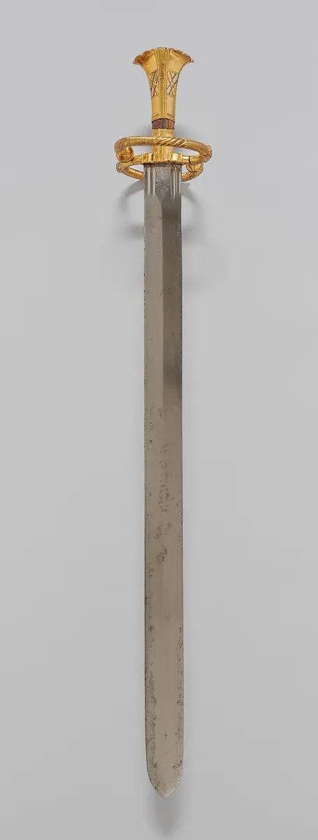 Landsknechtsschwert (sog. Katzbalger) mit Scheide für acht Messer und einen Pfriem