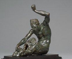 Öllampe (?) in Gestalt eines sitzenden Satyrs mit Maskeron