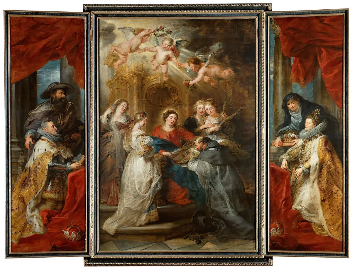 Ildefonso-Altar: Maria erscheint dem hl. Ildefonso (Mittelteil), Erzherzog Albrecht der VII. (linker Innenflügel) bzw. Infantin Isabella Clara Eugenia (rechter Innenflügel), beide mit ihren Schutzpatronen