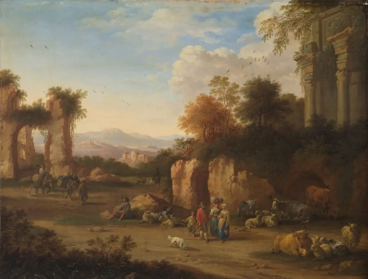 Italienische Landschaft mit antiken Ruinen und Landleuten